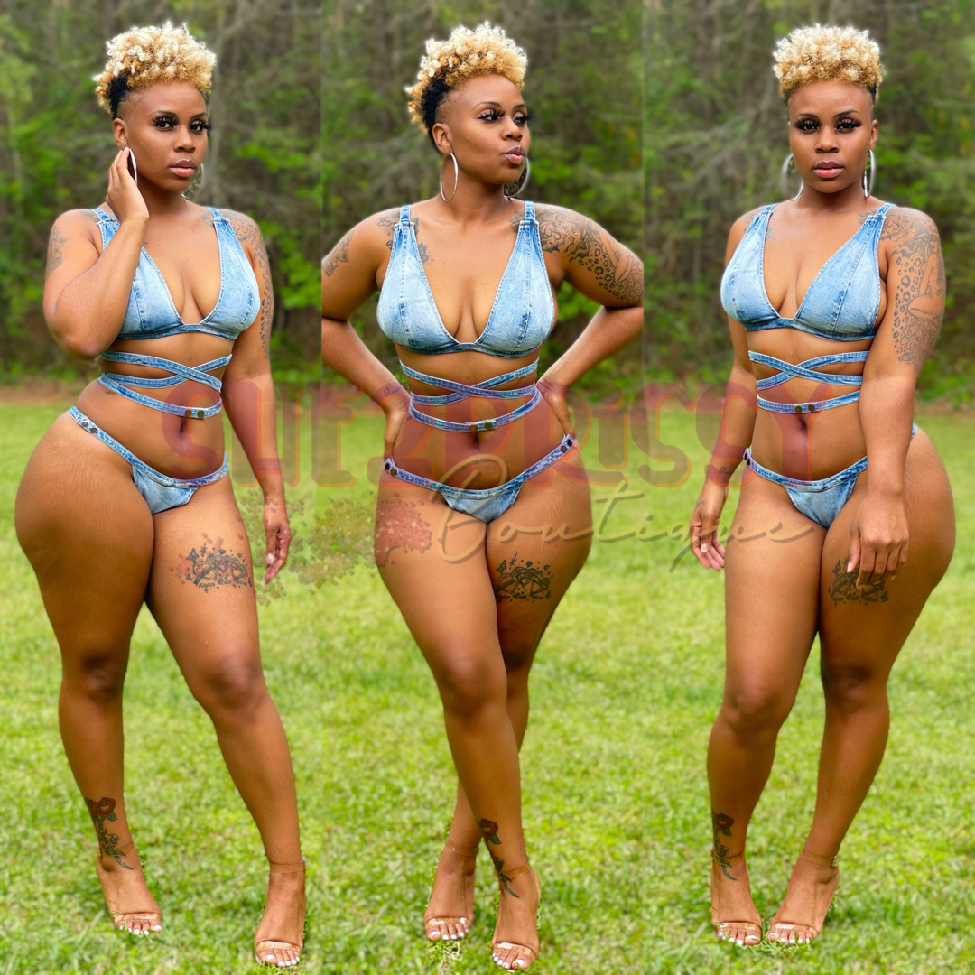 Who would’ve thought jeans x swimwear would look this good! Pack this sexy 2 piece jean bikini in your suitcase! Wide thong style bottom with button closures and adjustable straps on the matching jean bra.